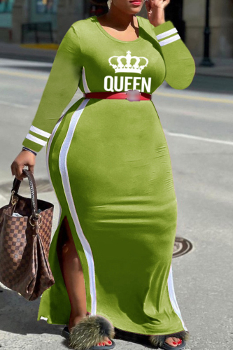 Army Green Fashion Casual Letter Print Patchwork O Neck Plus Size Dresses (Without Belt)