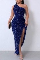 Blue Sexy Formal Solid Sequins Patchwork Backless Slit One Shoulder Evening Dress Dresses