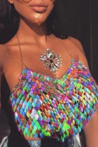 Colour Sexy Patchwork Chains Backless Halter Tops