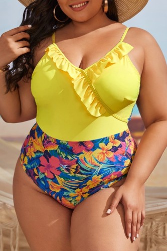 Yellow Sexy Print Patchwork Backless V Neck Plus Size Swimwear