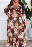 Coffee Casual Print Patchwork V Neck Plus Size Dresses