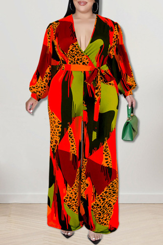 Red Casual Print Patchwork V Neck Plus Size Jumpsuits
