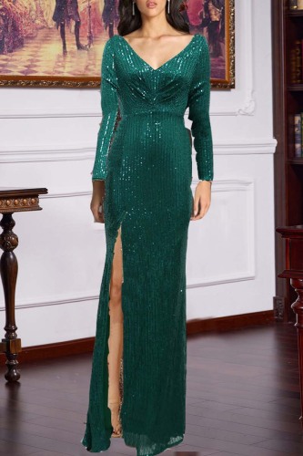 Green Sexy Formal Patchwork Sequins Slit V Neck Long Sleeve Dresses