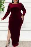 Burgundy Sexy Casual Solid Patchwork Metal Accessories Decoration Backless Slit O Neck Long Sleeve Plus Size Dresses