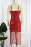 Red Sexy Patchwork Tassel Sequins Patchwork Backless Spaghetti Strap Sleeveless Dress Dresses