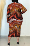 Multicolor Casual Print Patchwork Half A Turtleneck Long Sleeve Plus Size Dresses
