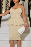 White Casual Elegant Solid Patchwork Flounce Strapless One Step Skirt Dresses