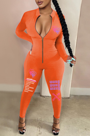 Orange Street Print Patchwork Zipper Collar Skinny Jumpsuits