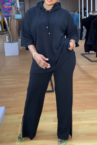 Black Casual Solid Basic Hooded Collar Long Sleeve Two Pieces