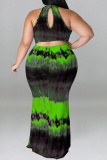 Black Green Fashion Casual Plus Size Print Tie-dye O Neck Sleeveless Dress