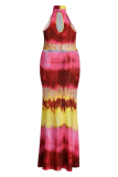 Burgundy Fashion Casual Plus Size Print Tie-dye O Neck Sleeveless Dress