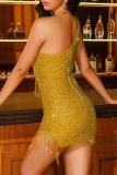 Yellow Sexy Patchwork Tassel Sequins One Shoulder Pencil Skirt Dresses