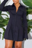 Black Casual Solid Patchwork Turndown Collar Shirt Dress Dresses