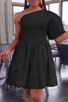 Black Casual Solid Backless Oblique Collar A Line Dresses (Subject To The Actual Object)