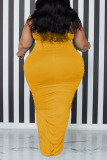 Yellow Sexy Solid Patchwork Spaghetti Strap One Step Skirt Plus Size Dresses