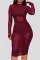 Burgundy Sexy Solid Patchwork See-through Fold O Neck Long Sleeve Three Pieces