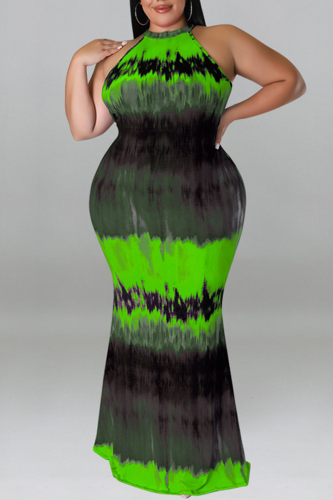 Black Green Fashion Casual Plus Size Print Tie-dye O Neck Sleeveless Dress