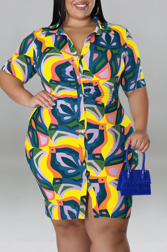 Yellow Casual Print Patchwork Buckle Turndown Collar Shirt Dress Plus Size Dresses