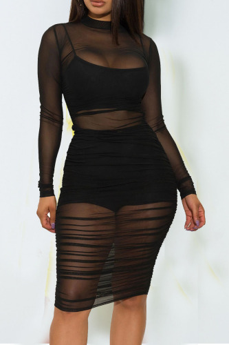 Black Sexy Solid Patchwork See-through Fold O Neck Long Sleeve Three Pieces
