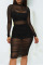 Black Sexy Solid Patchwork See-through Fold O Neck Long Sleeve Three Pieces