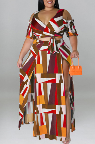 Dark Brown Sexy Print Bandage Patchwork V Neck Plus Size Two Pieces