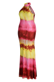 Burgundy Fashion Casual Plus Size Print Tie-dye O Neck Sleeveless Dress