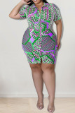 Green Casual Print Patchwork Buckle Turndown Collar Shirt Dress Plus Size Dresses