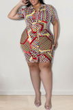 Blue Casual Print Patchwork Buckle Turndown Collar Shirt Dress Plus Size Dresses