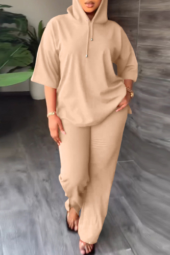 Khaki Casual Solid Basic Hooded Collar Long Sleeve Two Pieces