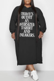 Blue Fashion Casual Letter Print Basic Hooded Collar Long Sleeve Plus Size Dresses