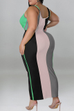 Green Fashion Casual Striped Print Patchwork Contrast U Neck Plus Size Two Piece Set