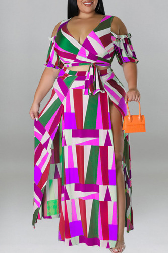 Purple Sexy Print Bandage Patchwork V Neck Plus Size Two Pieces
