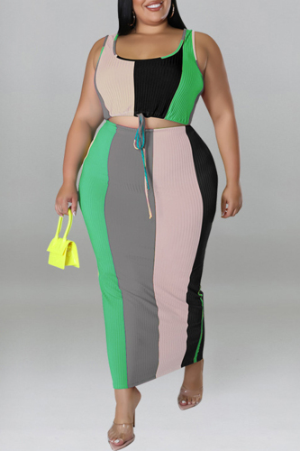 Green Fashion Casual Striped Print Patchwork Contrast U Neck Plus Size Two Piece Set