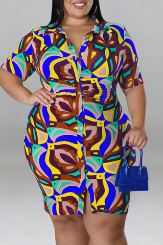 Coffee Casual Print Patchwork Buckle Turndown Collar Shirt Dress Plus Size Dresses