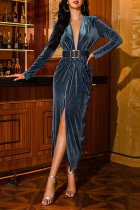 Blue Formal Solid Patchwork V Neck Waist Skirt Dresses