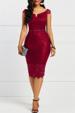 Red Fashion Sexy Patchwork Lace V Neck Short Sleeve Dress