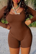 Brownness Casual Solid Basic O Neck Long Sleeve Skinny Romper