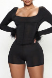 Black Sexy Solid Patchwork Feathers U Neck Skinny Rompers