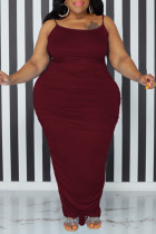 Burgundy Sexy Solid Patchwork Spaghetti Strap One Step Skirt Plus Size Dresses