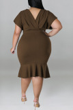 Dark Brown Casual Solid Patchwork Flounce V Neck One Step Skirt Plus Size Dresses