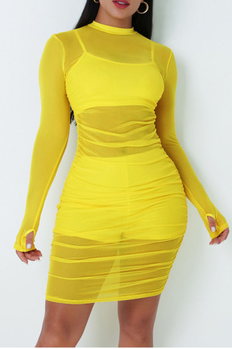 Yellow Sexy Solid Patchwork See-through Fold O Neck Long Sleeve Three Pieces