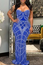 Blue Sexy Patchwork Hot Drilling Backless Spaghetti Strap Long Dress Dresses