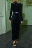 Black Formal Solid Patchwork V Neck Waist Skirt Dresses