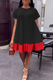 Black Casual Solid Patchwork Contrast O Neck Short Sleeve Dress Dresses