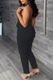 Black Casual Solid Backless Halter Sleeveless Two Pieces