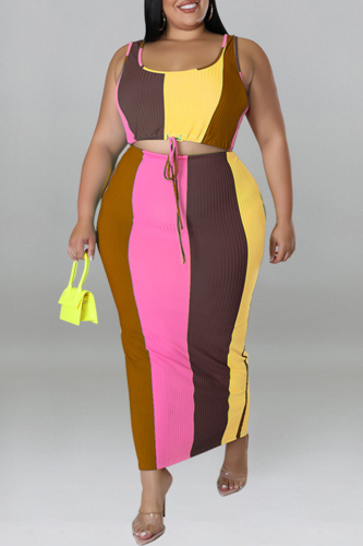Coffee Fashion Casual Striped Print Patchwork Contrast U Neck Plus Size Two Piece Set