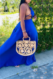 Blue Fashion Sexy Plus Size Solid Bandage Patchwork Backless Halter Sling Dress