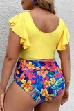 Yellow Casual Print Solid Patchwork V Neck Plus Size Swimwear (With Paddings)