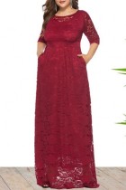 Burgundy Casual Solid Patchwork See-through O Neck Long Dress Plus Size Dresses