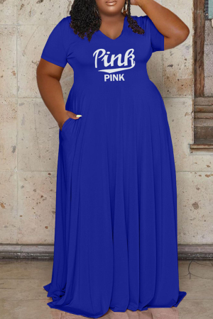 Blue Fashion Casual Plus Size Letter Print Patchwork V Neck Short Sleeve Dress